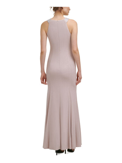 CALVIN KLEIN Womens Beige Stretch Zippered Embellished Halter Full-Length Evening Gown Dress 14