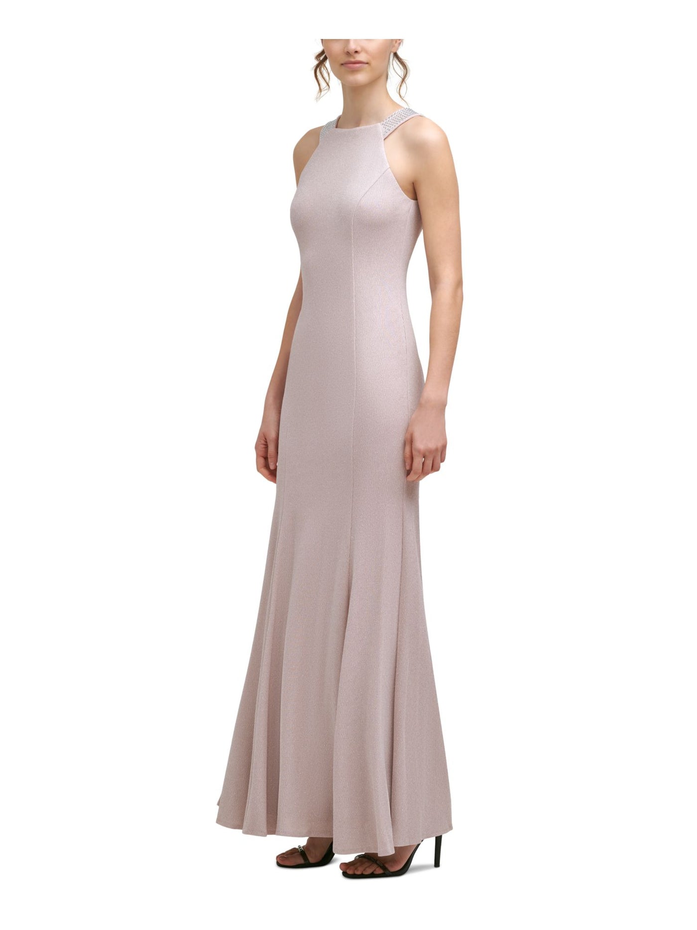 CALVIN KLEIN Womens Beige Stretch Zippered Embellished Halter Full-Length Evening Gown Dress 14