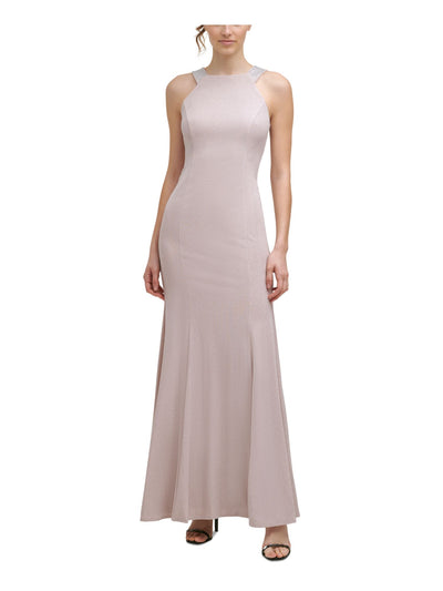 CALVIN KLEIN Womens Beige Stretch Zippered Embellished Halter Full-Length Evening Gown Dress 8