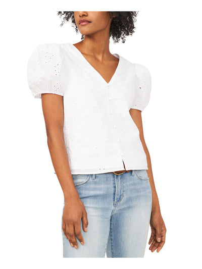 RILEY&RAE Womens White Eyelet Pouf Sleeve Button Up Top XS