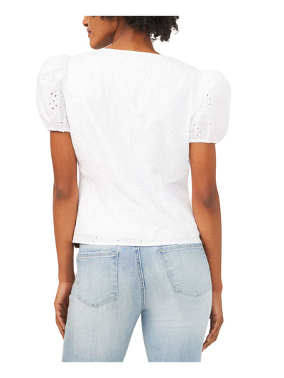 RILEY&RAE Womens Eyelet Pouf Sleeve Button Up Top
