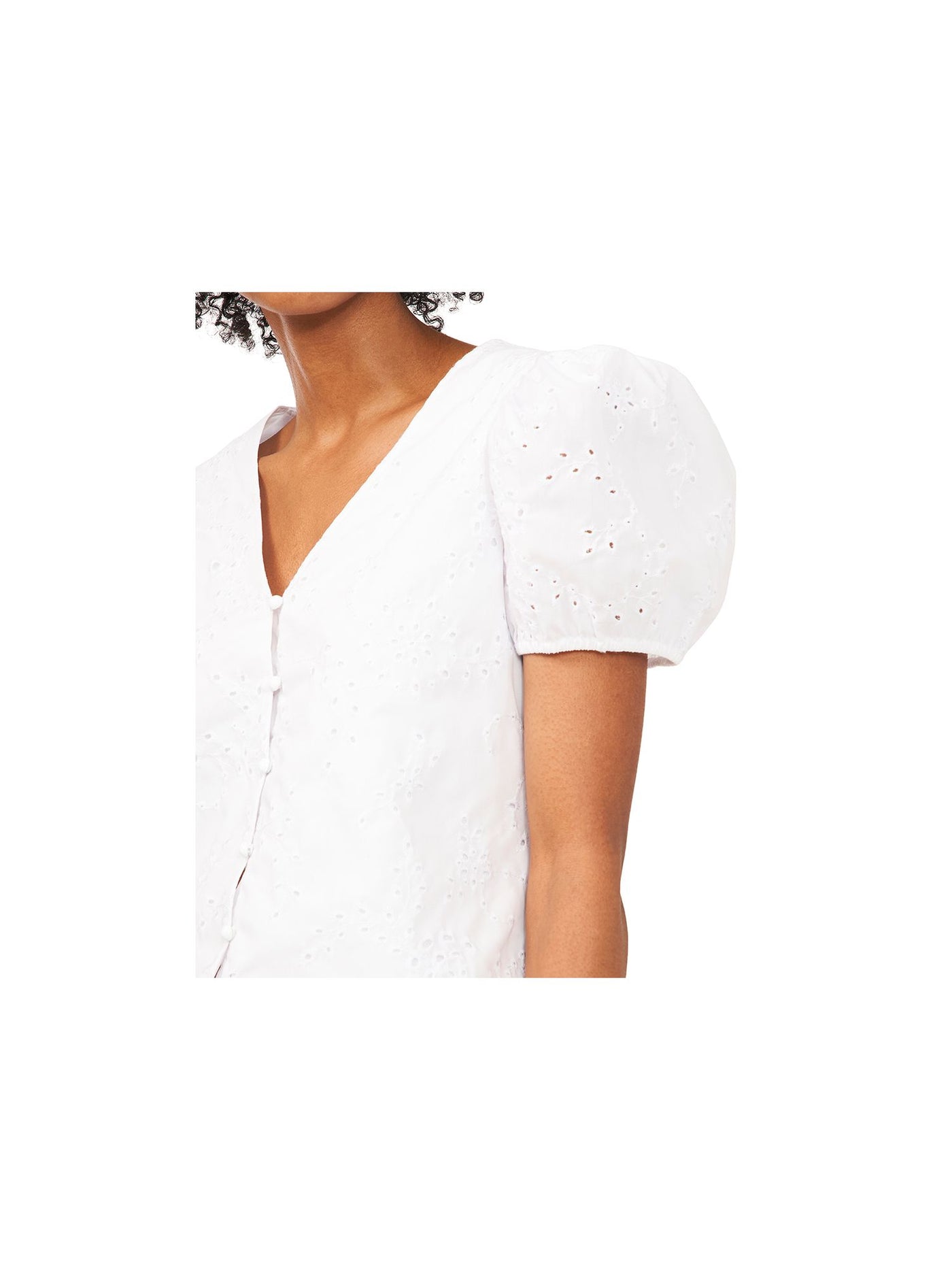 RILEY&RAE Womens White Eyelet Pouf Sleeve Button Up Top XS