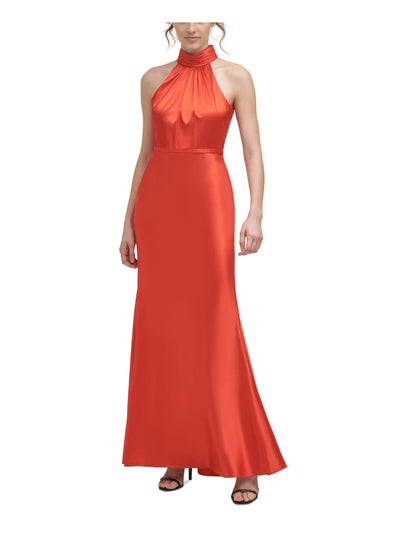 CALVIN KLEIN Womens Red Stretch Zippered Pleated Halter Satin Sleeveless Mock Neck Full-Length Formal Gown Dress 16