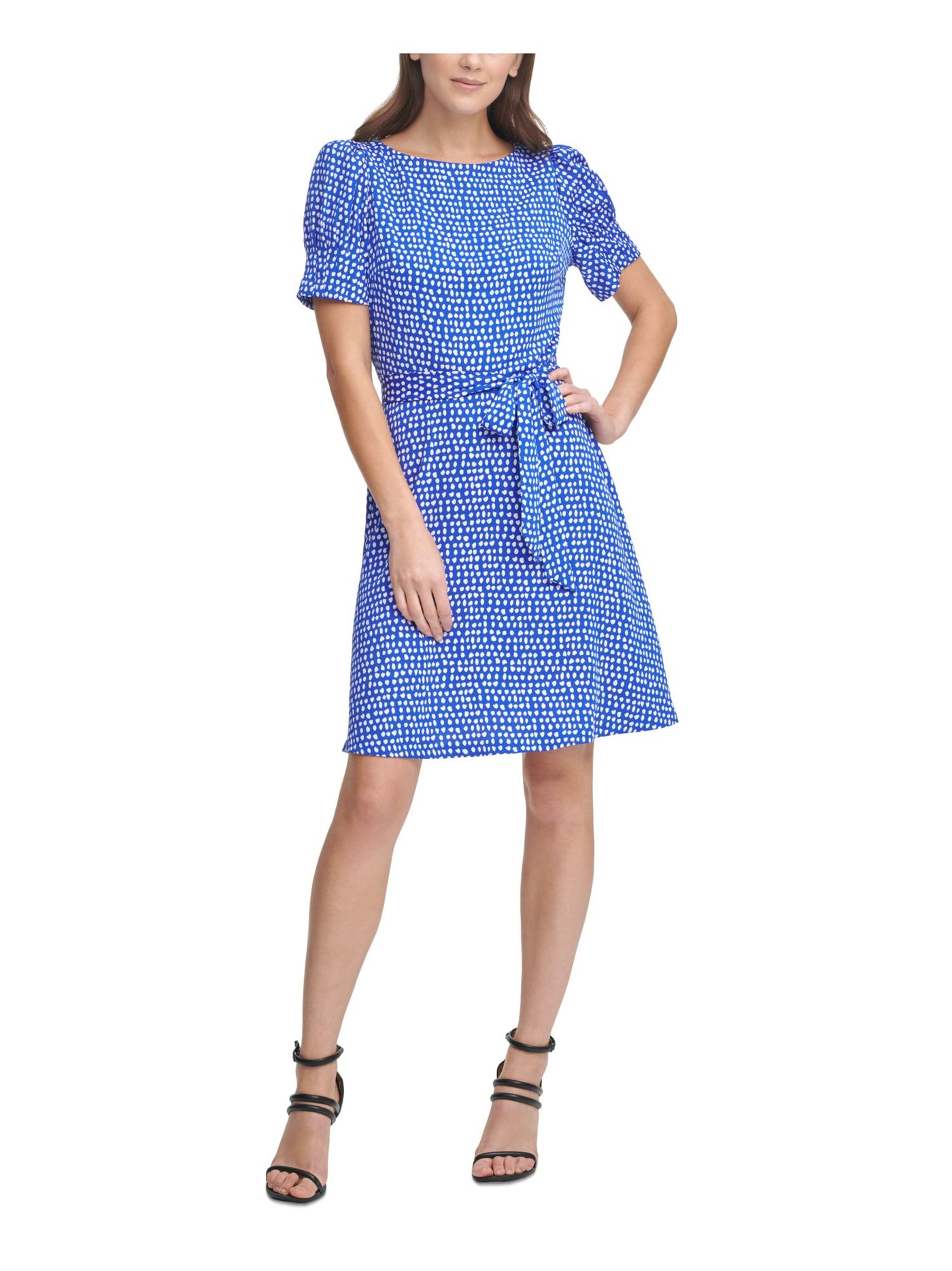 DKNY Womens Blue Pouf Sleeve Round Neck Wear To Work Fit + Flare Dress 4