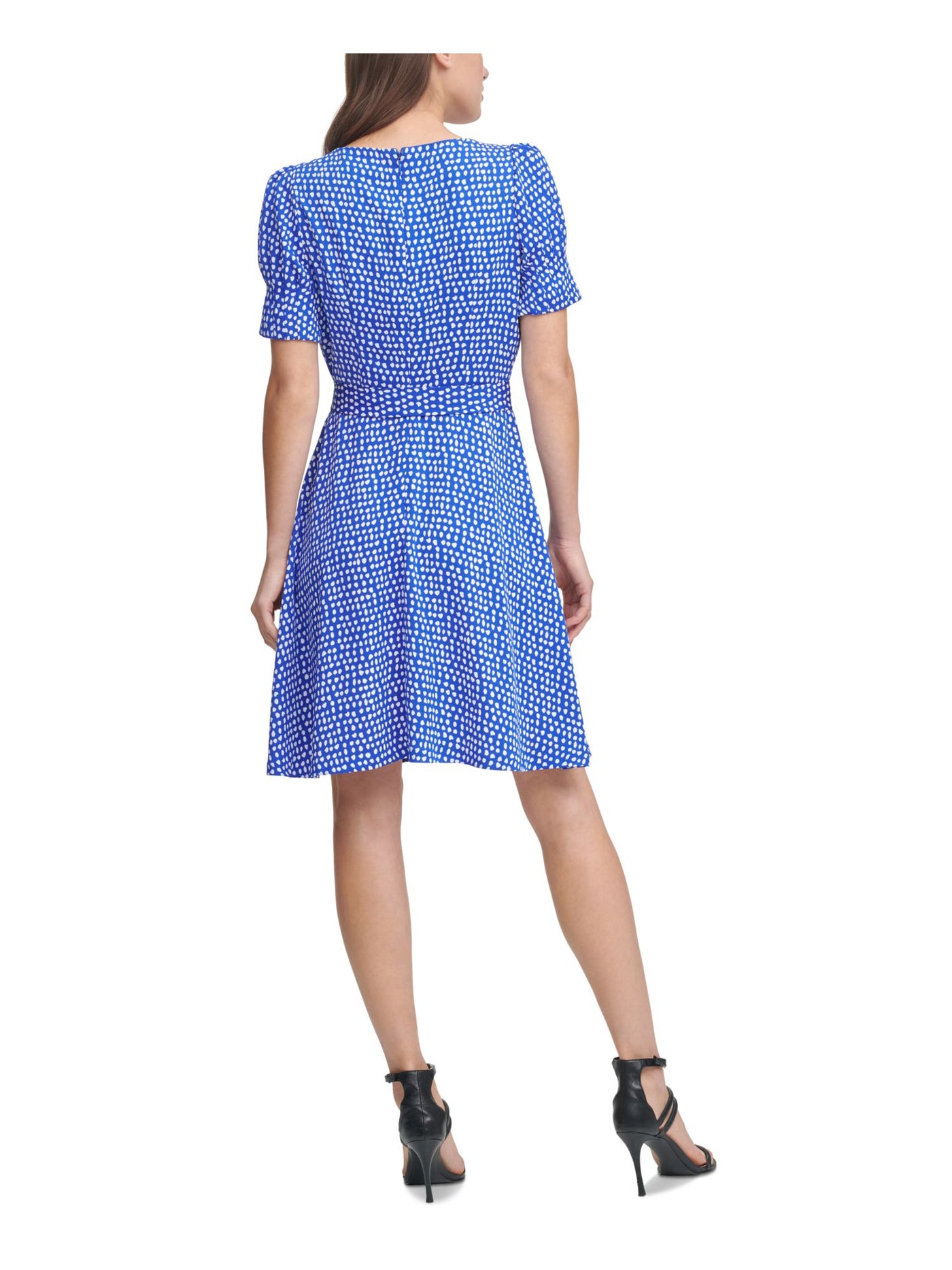 DKNY Womens Blue Pouf Sleeve Round Neck Wear To Work Fit + Flare Dress 4