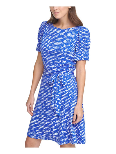 DKNY Womens Blue Pouf Sleeve Round Neck Wear To Work Fit + Flare Dress 4