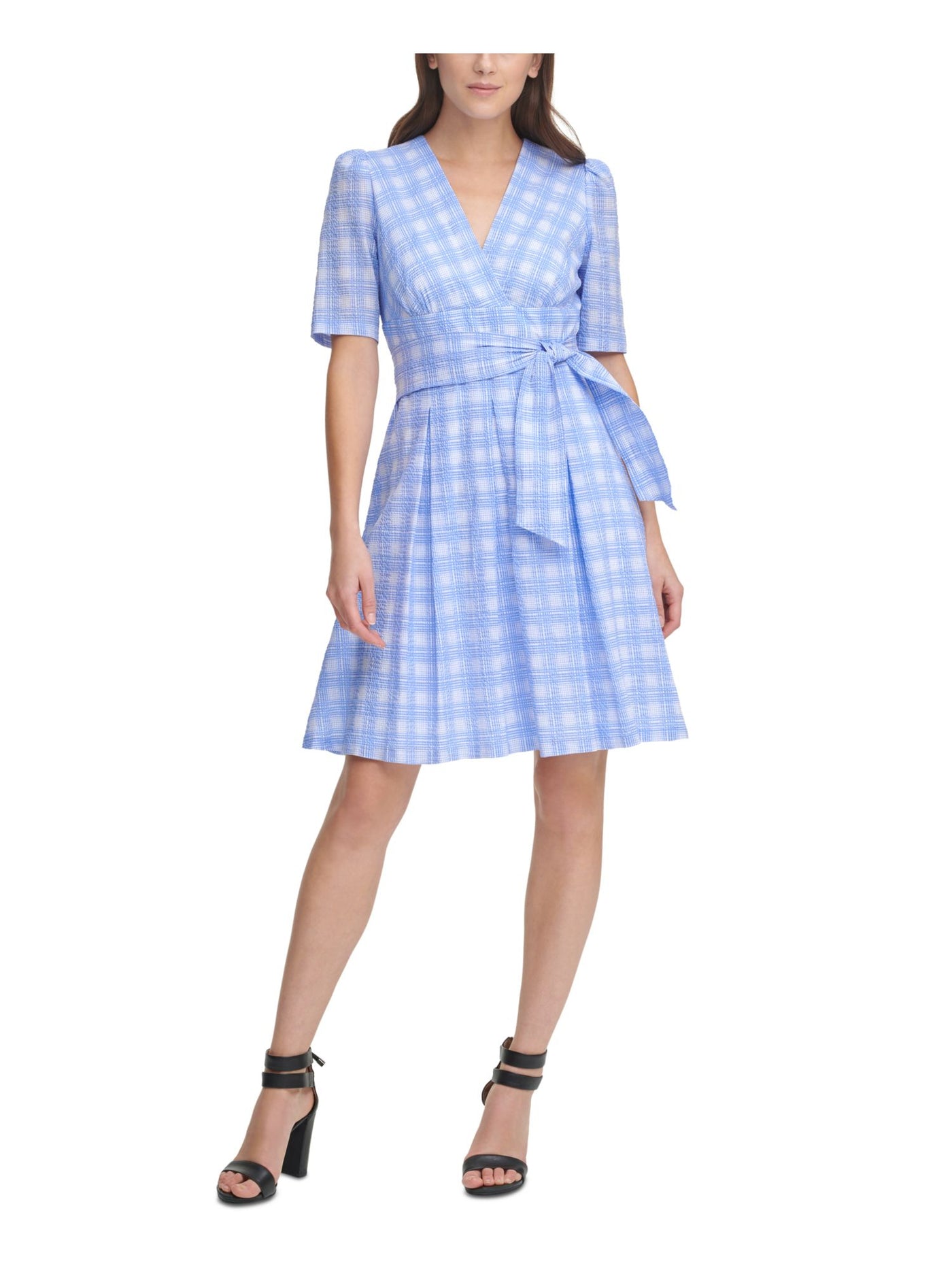 DKNY Womens Light Blue Zippered Belted Pleated Textured Plaid Pouf Sleeve Surplice Neckline Above The Knee Wear To Work Fit + Flare Dress 2