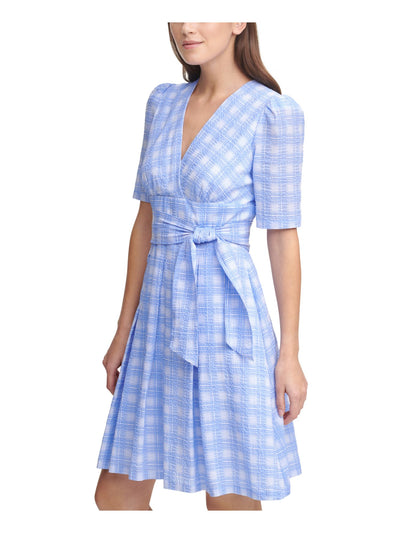 DKNY Womens Light Blue Zippered Belted Pleated Textured Plaid Pouf Sleeve Surplice Neckline Above The Knee Wear To Work Fit + Flare Dress 2
