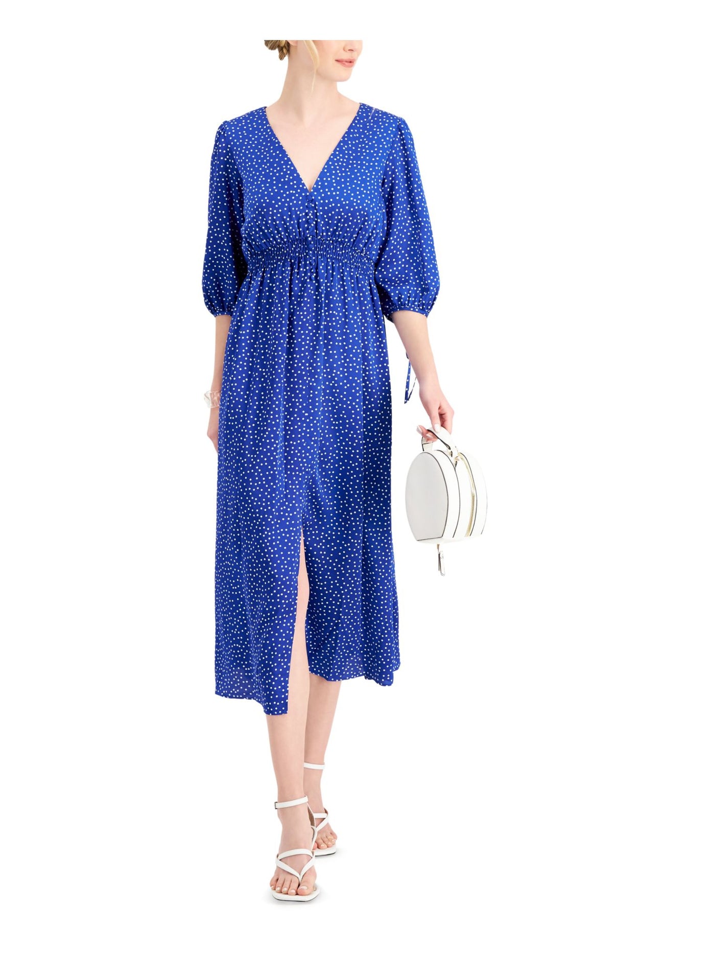 TAYLOR Womens Blue Smocked Zippered Tie Slitted Polka Dot Blouson Sleeve V Neck Midi Party Sheath Dress 8