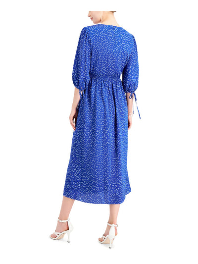 TAYLOR Womens Blue Smocked Zippered Tie Slitted Polka Dot Blouson Sleeve V Neck Midi Party Sheath Dress 6