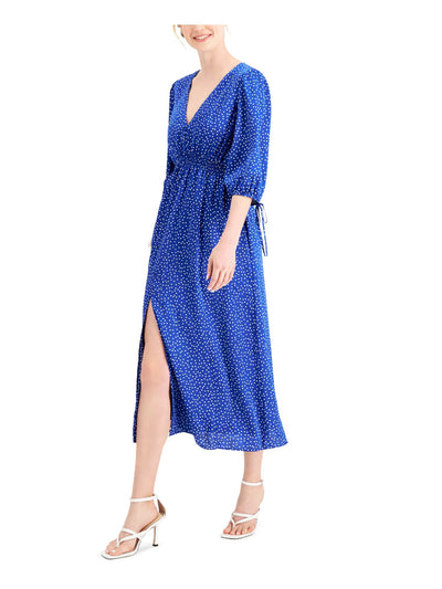 TAYLOR Womens Blue Smocked Zippered Tie Slitted Polka Dot Blouson Sleeve V Neck Midi Party Sheath Dress 8