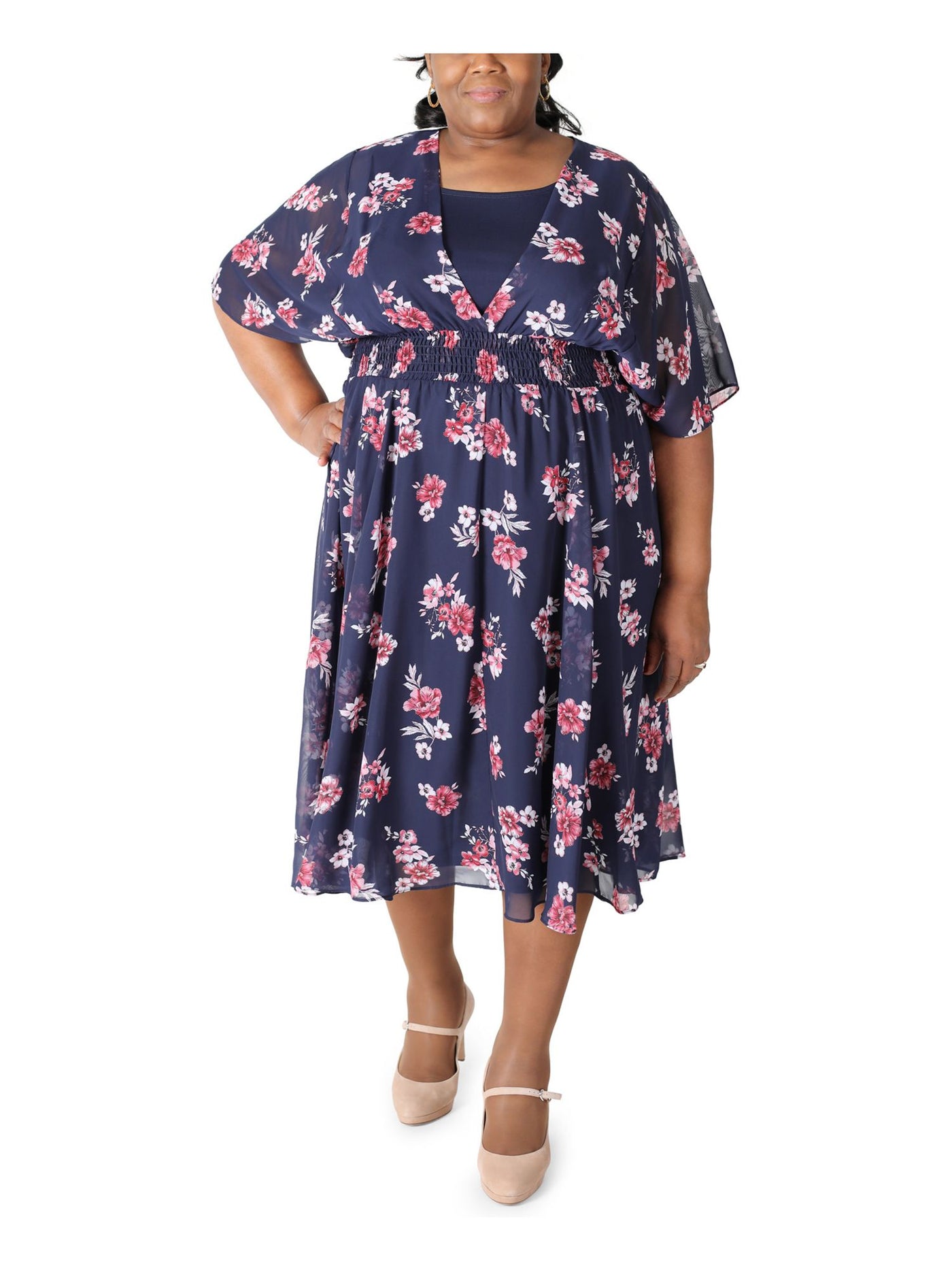 SIGNATURE BY ROBBIE BEE Womens Navy Smocked Sheer Floral Elbow Sleeve Surplice Neckline Midi Party Fit + Flare Dress Plus 20W