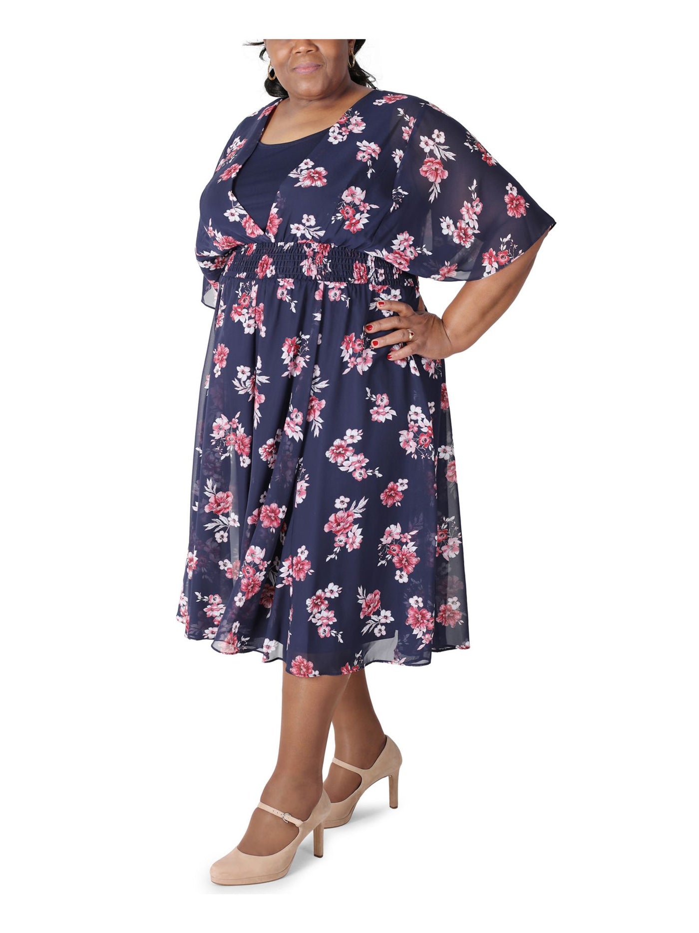 SIGNATURE BY ROBBIE BEE Womens Navy Smocked Sheer Floral Elbow Sleeve Surplice Neckline Midi Party Fit + Flare Dress Plus 20W