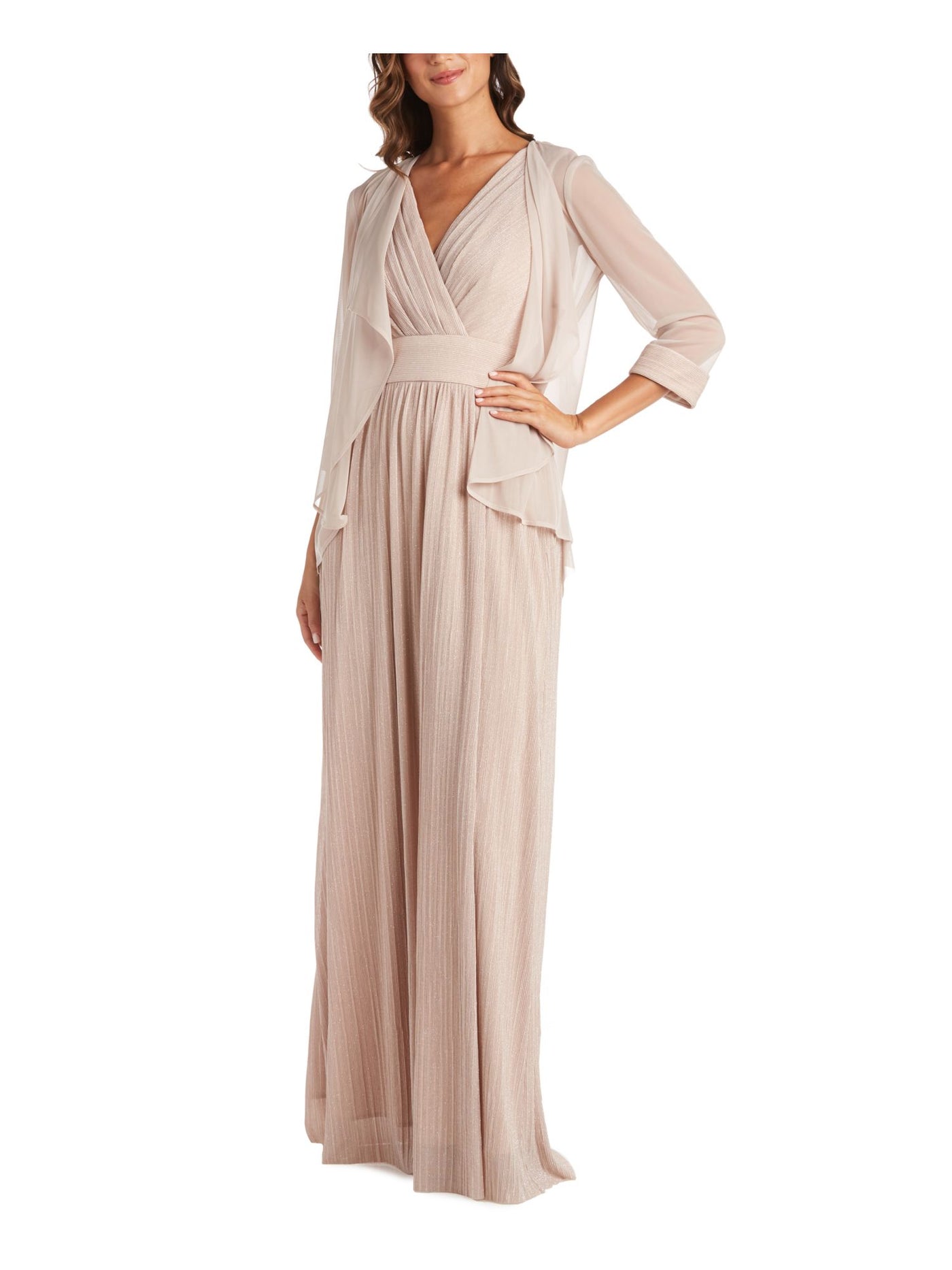 R&M RICHARDS Womens Beige Glitter Sheer Unlined 3/4 Sleeve Open Front Wear To Work Cardigan 6