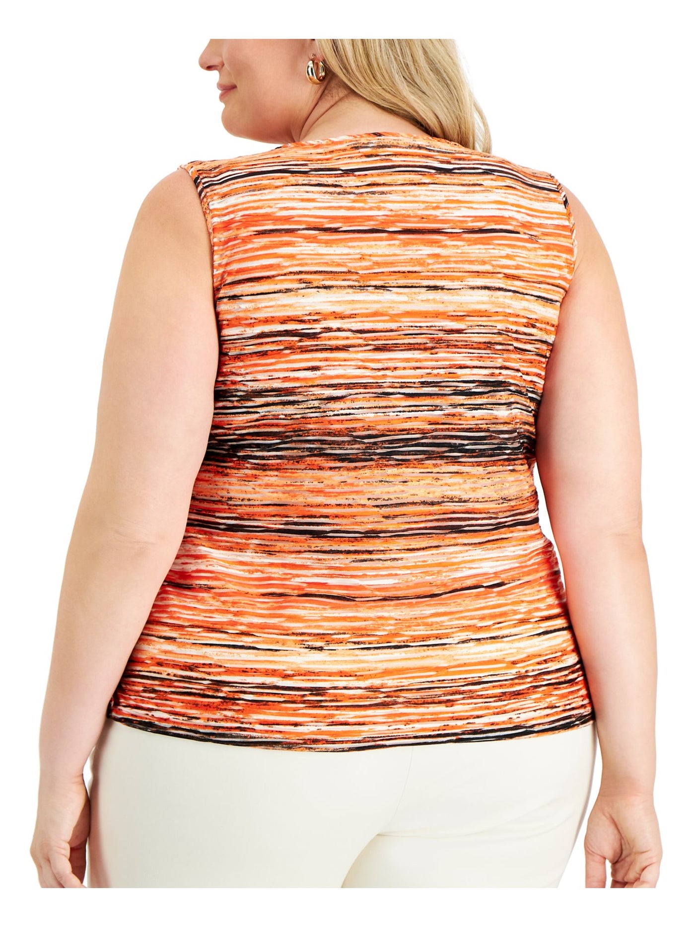 KASPER Womens Orange Stretch Textured Ribbed Printed Sleeveless Scoop Neck Tank Top Plus 1X