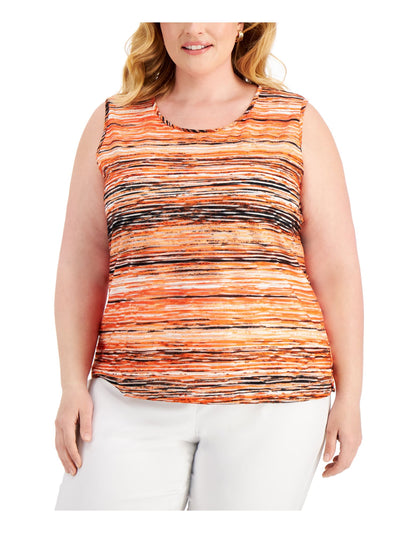 KASPER Womens Orange Stretch Textured Ribbed Printed Sleeveless Scoop Neck Tank Top Plus 1X
