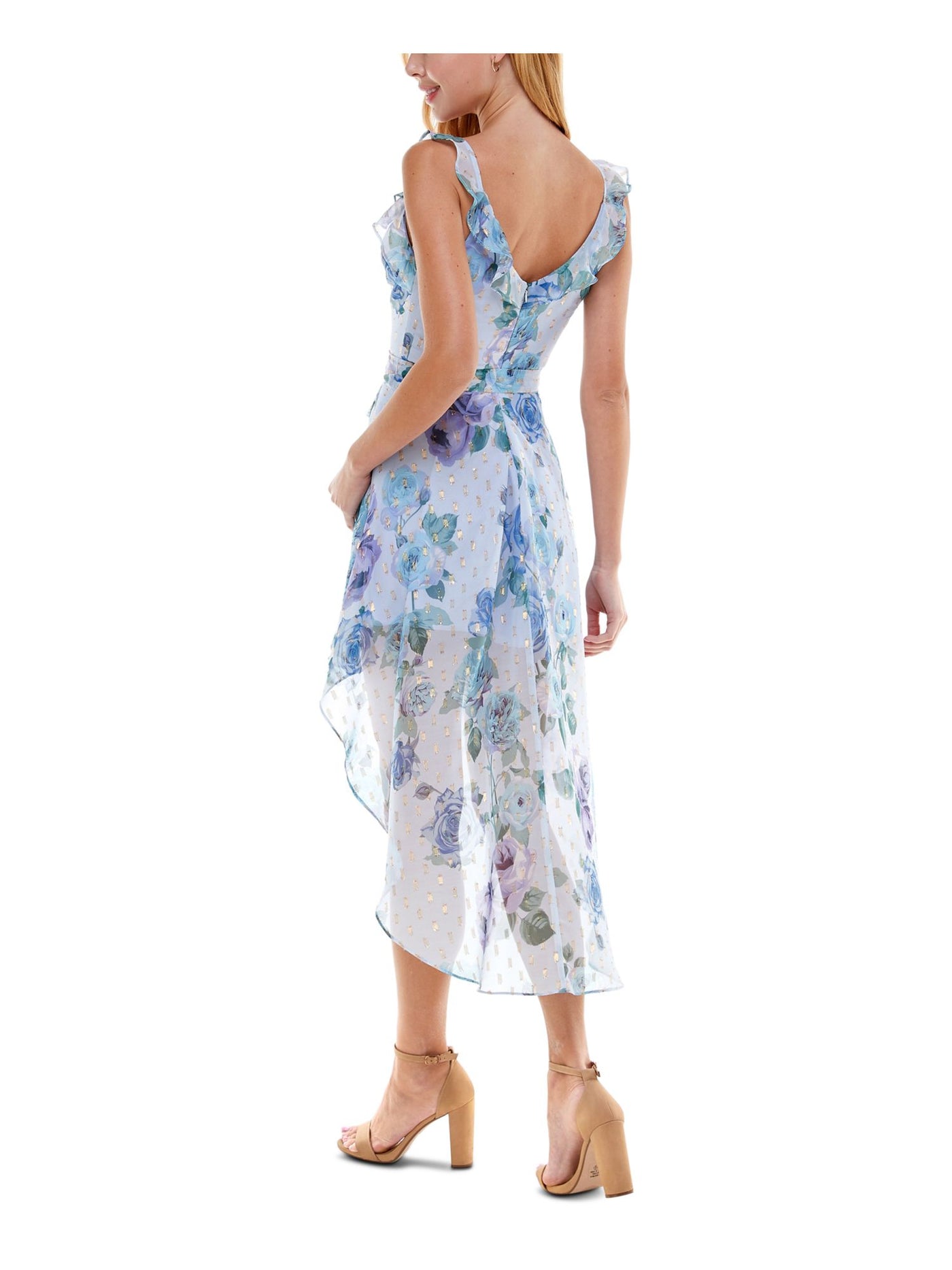 CITY STUDIO Womens Light Blue Ruffled Sheer Floral Sleeveless V Neck Midi Evening Hi-Lo Dress Juniors 1