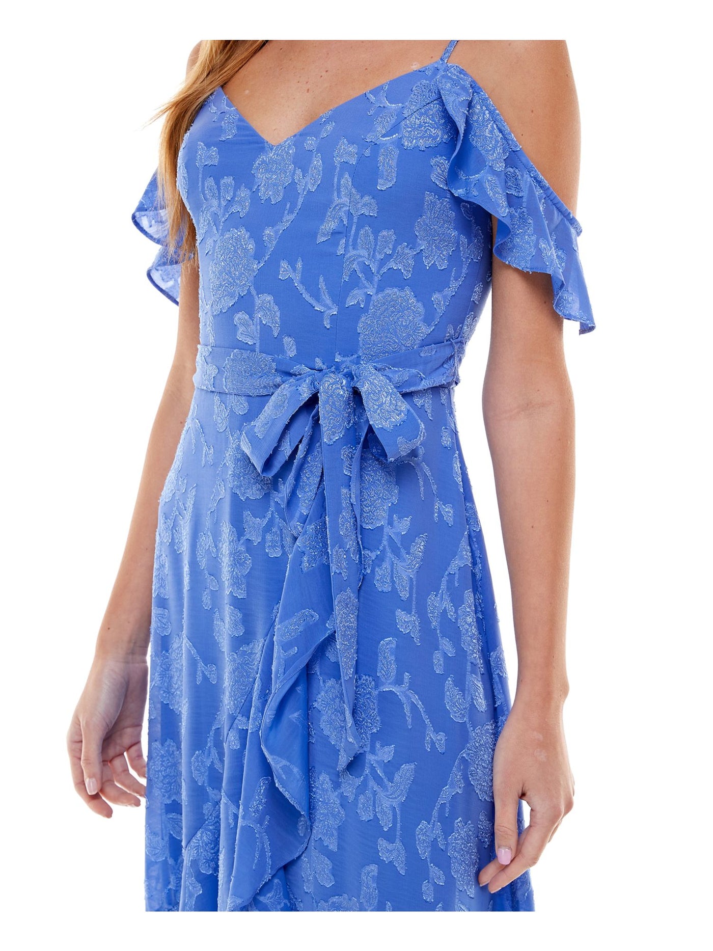 CITY STUDIO Womens Blue Cold Shoulder Zippered Belted Floral Flutter Sleeve Midi Evening Faux Wrap Dress Juniors 15