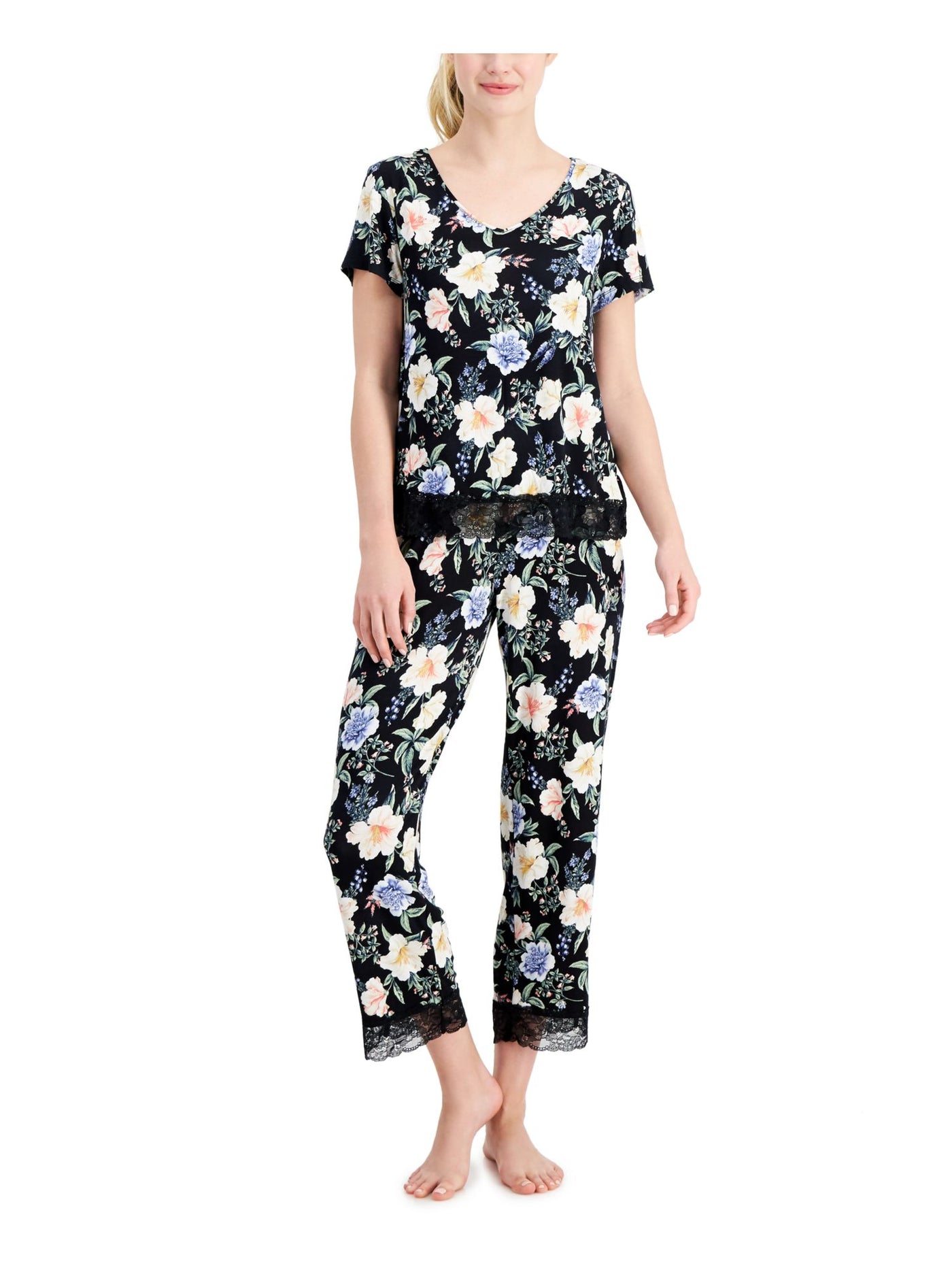 CHARTER CLUB Intimates Black Short Sleeve Pullover Floral Sleep Shirt Pajama Top XL