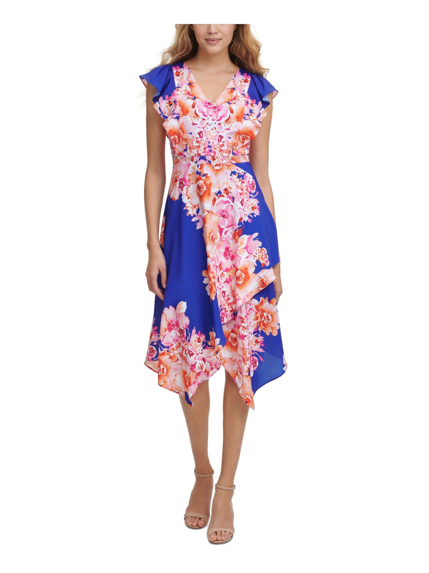 KENSIE Womens Blue Zippered Ruffled Asymmetrical-hem Floral Flutter Sleeve V Neck Midi Party Fit + Flare Dress 8