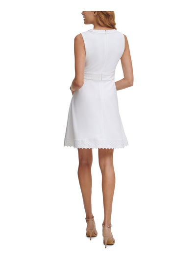 KENSIE Womens White Stretch Embroidered Zippered Scuba Crepe Sleeveless V Neck Above The Knee Cocktail Fit + Flare Dress 12