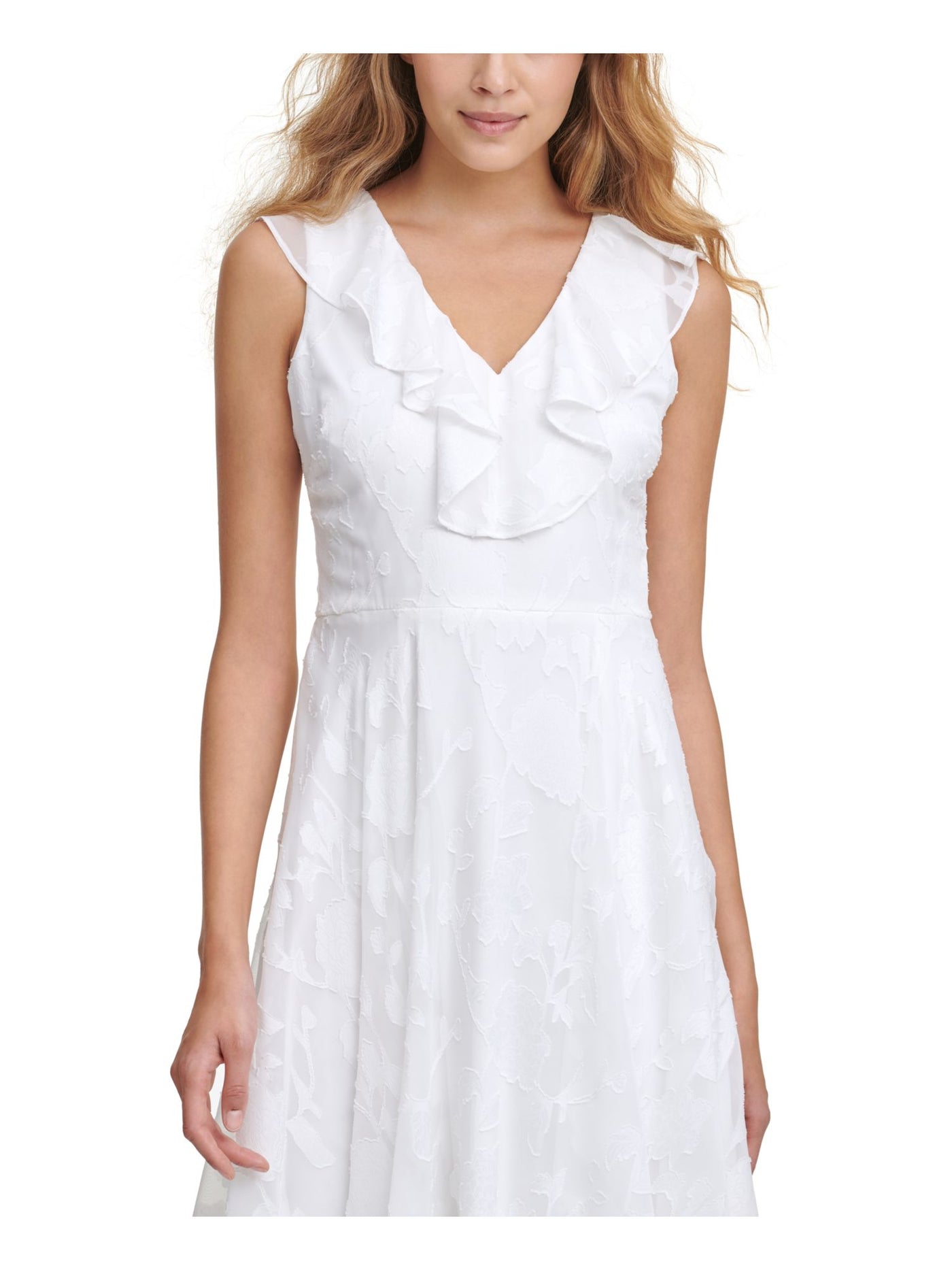 KENSIE DRESSES Womens White Ruffled Zippered Handkerchief Hem Floral Sleeveless V Neck Midi Evening Fit + Flare Dress 6