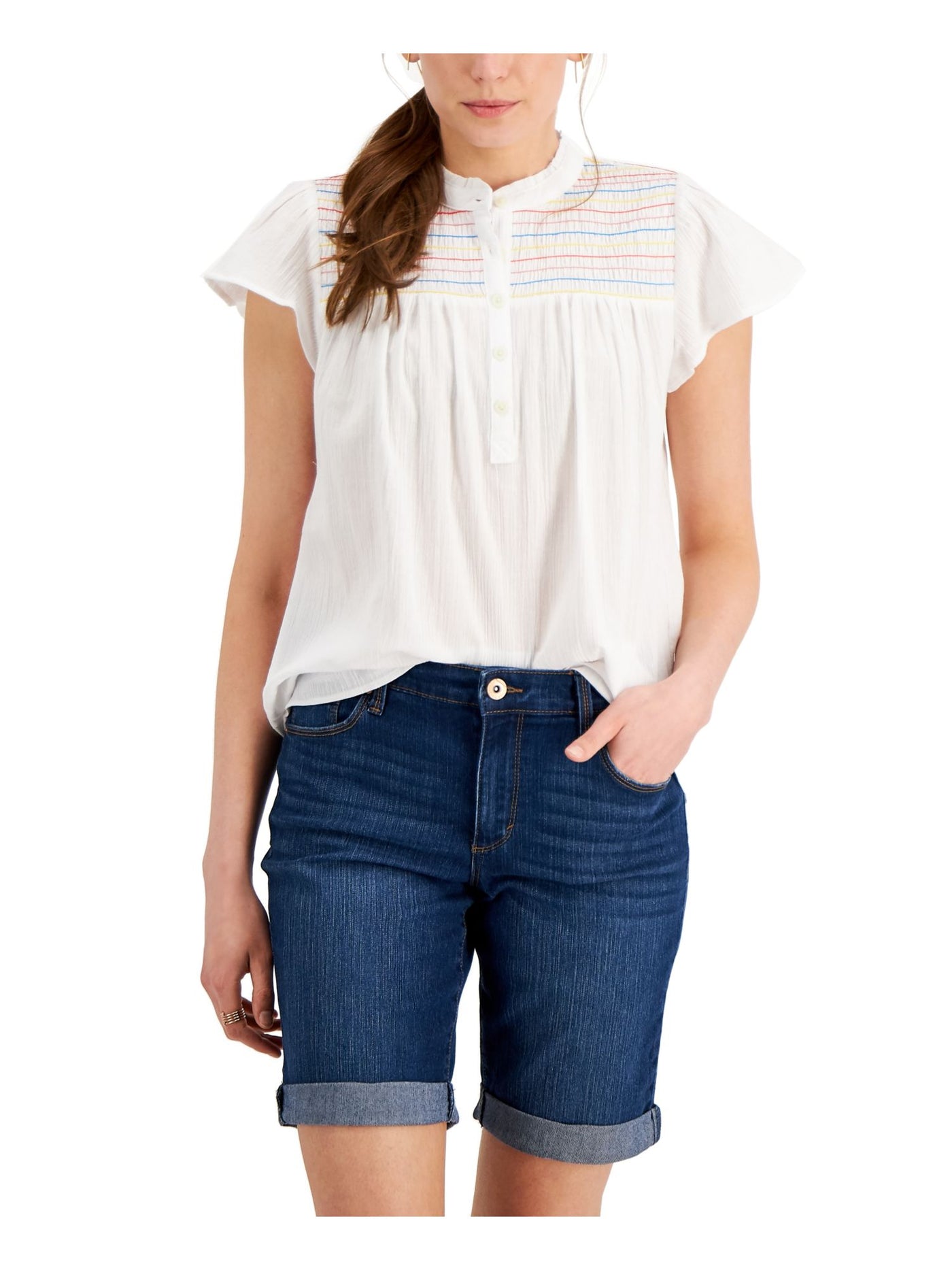 STYLE & CO. DENIM Womens White Smocked Textured Front Button Placket Flutter Sleeve Mock Neck Top M