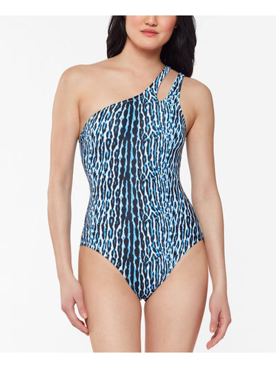 JESSICA SIMPSON Women's Blue Animal Print Sassy Safari One Shoulder One Piece Swimsuit L