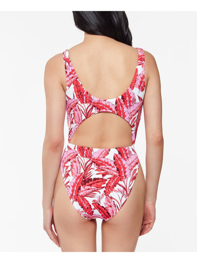 JESSICA SIMPSON Women's Pink Printed Stretch Push-Up Front And Back Front O-Ring Deep V Neck Cutout One Piece Swimsuit M