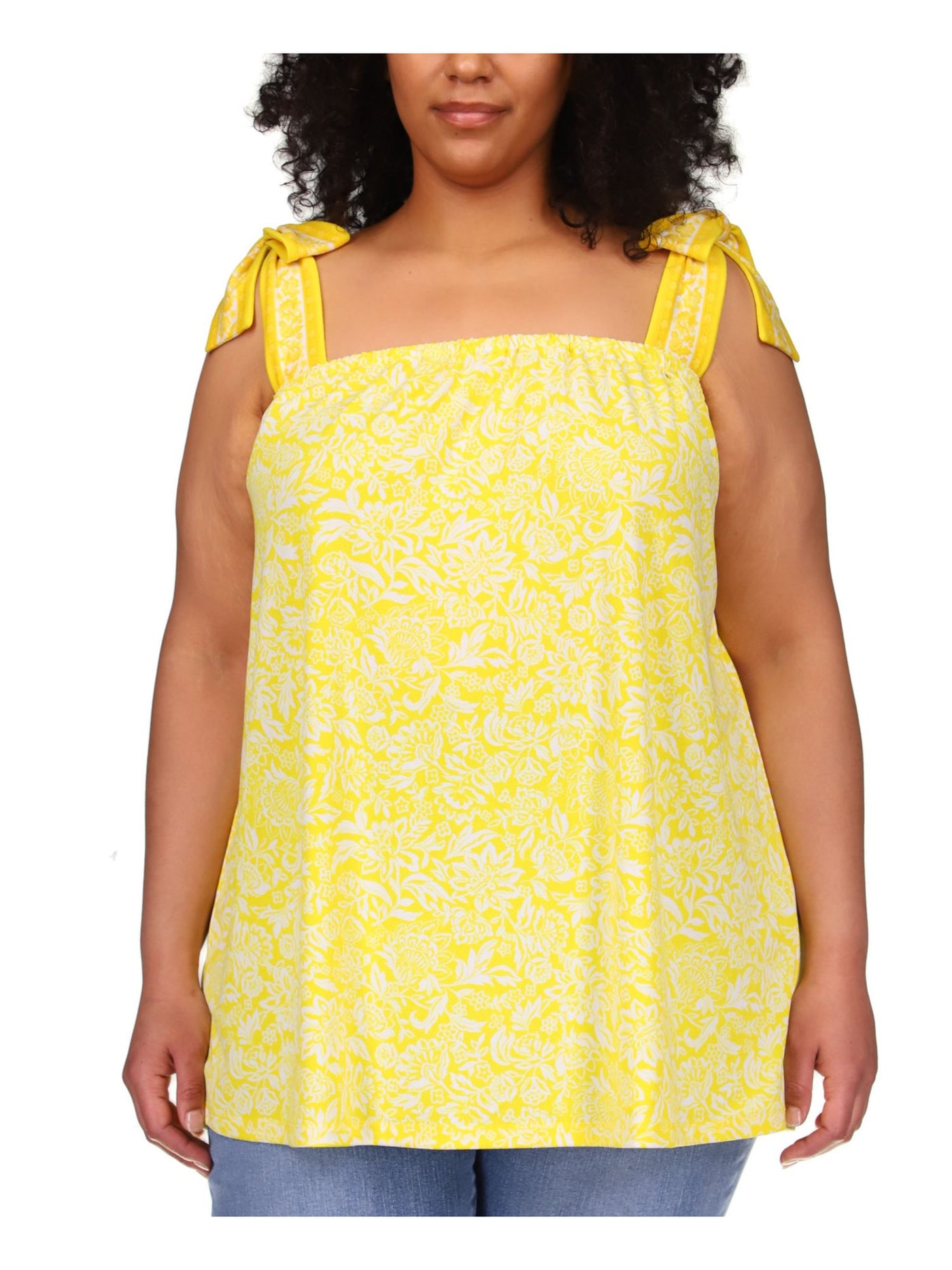 MICHAEL KORS Womens Yellow Printed Sleeveless Square Neck Tank Top Plus 4X