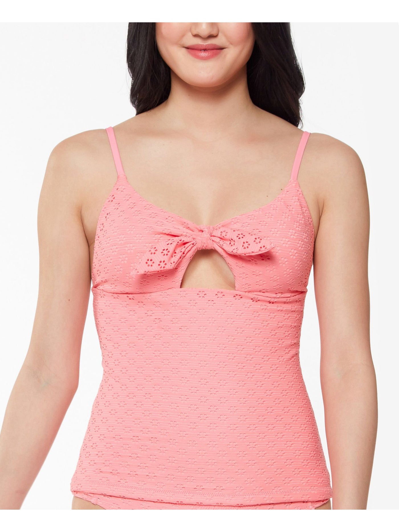 JESSICA SIMPSON Women's Coral Eyelet Tie Front Removable Cups Cutout Adjustable Sweet Tooth Tankini Swimsuit Top M