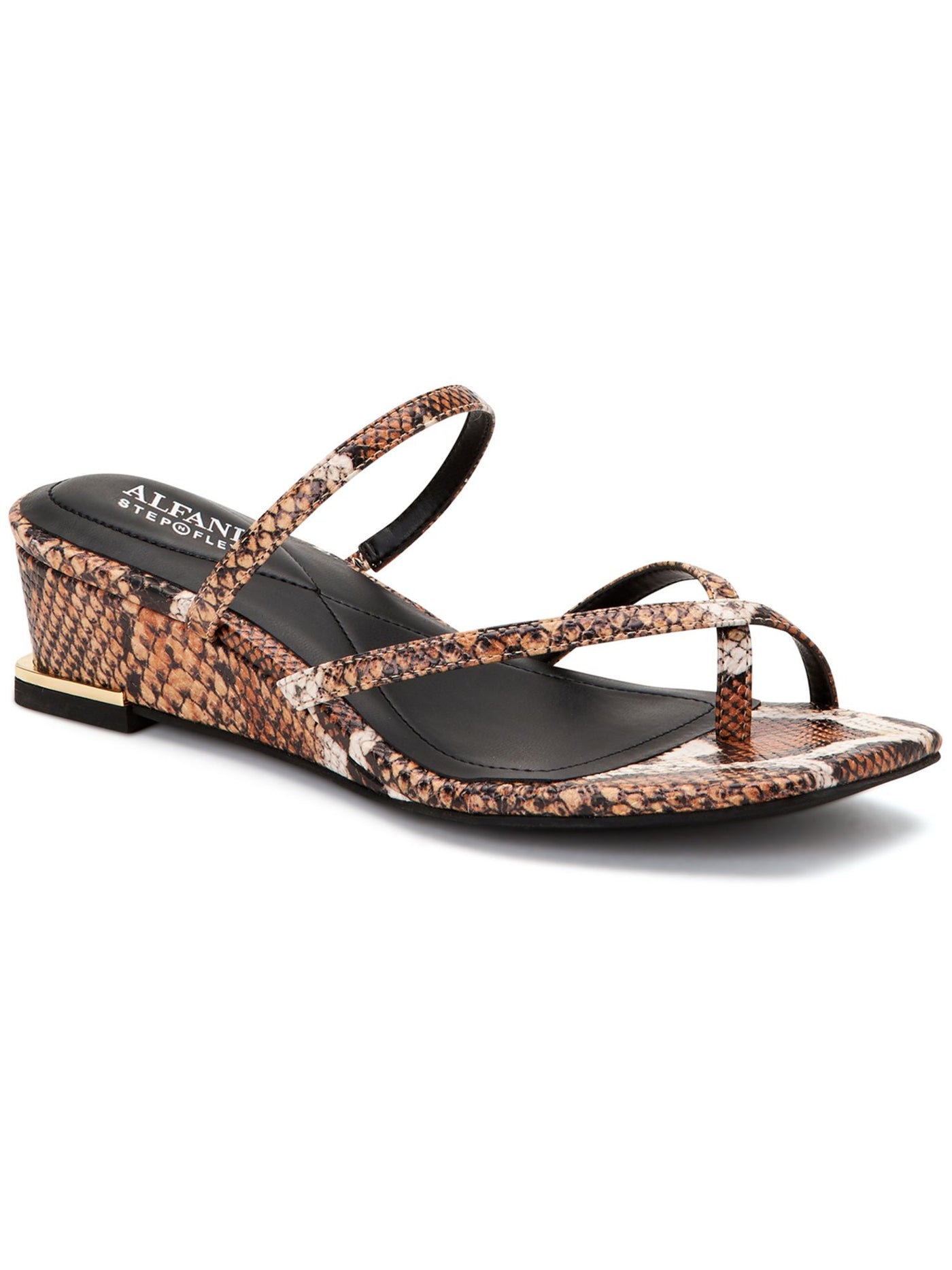 ALFANI Womens Brown Snake Print Toe Loop Asymmetrical Strappy Padded Eadyn Square Toe Wedge Slip On Slide Sandals Shoes 6 M