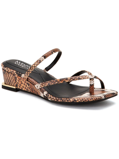 ALFANI Womens Brown Snake Print Toe Loop Asymmetrical Strappy Padded Eadyn Square Toe Wedge Slip On Slide Sandals Shoes 8.5 M