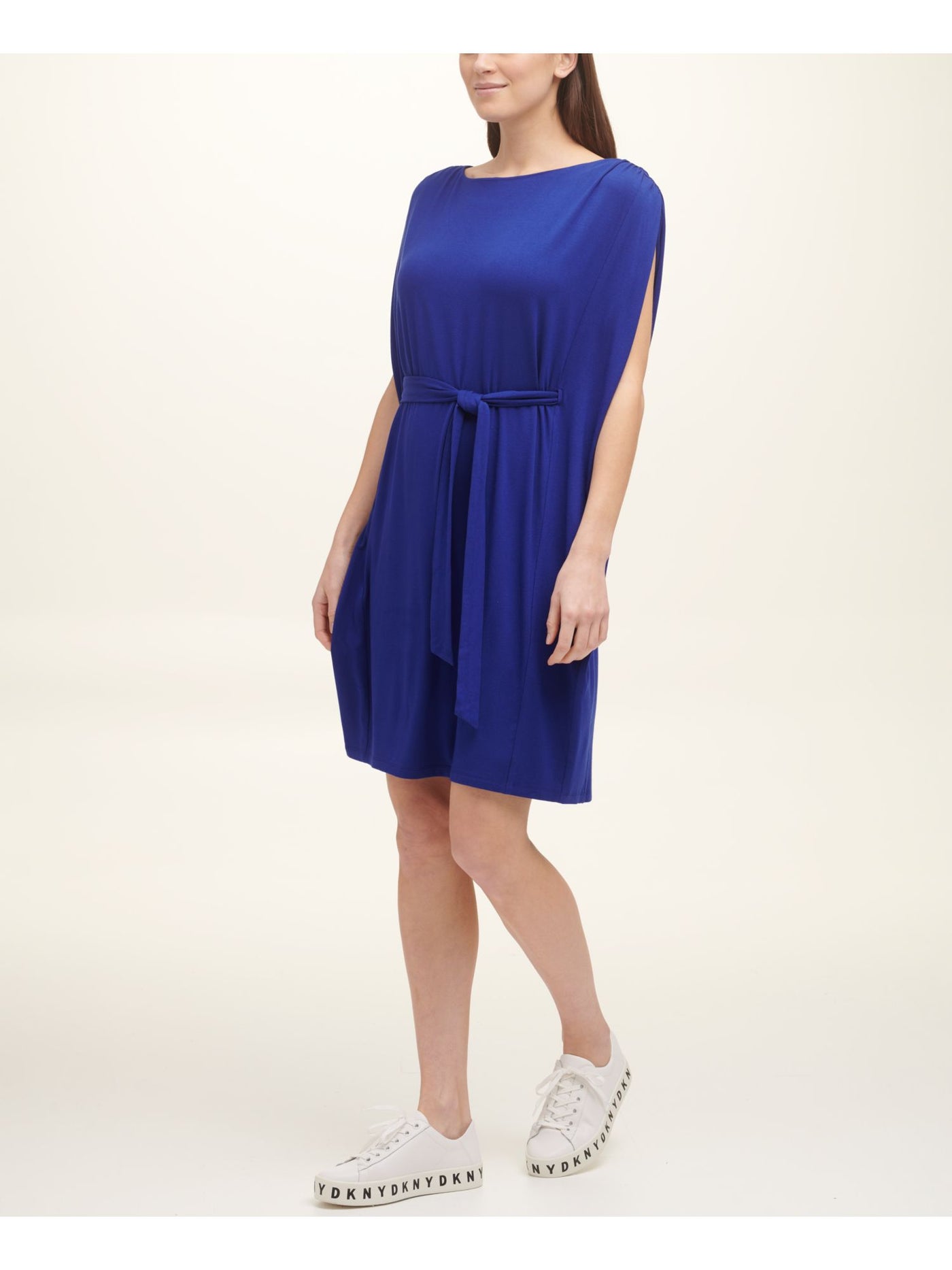 DKNY Womens Blue Stretch Belted Shirred Sleeves Cap Sleeve Crew Neck Above The Knee Shift Dress M