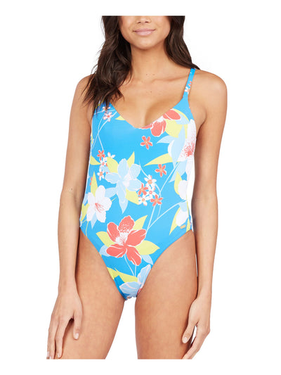 ROXY Women's Blue Floral Removable Cups Deep V Neck Tie She Just Shines One Piece Swimsuit M