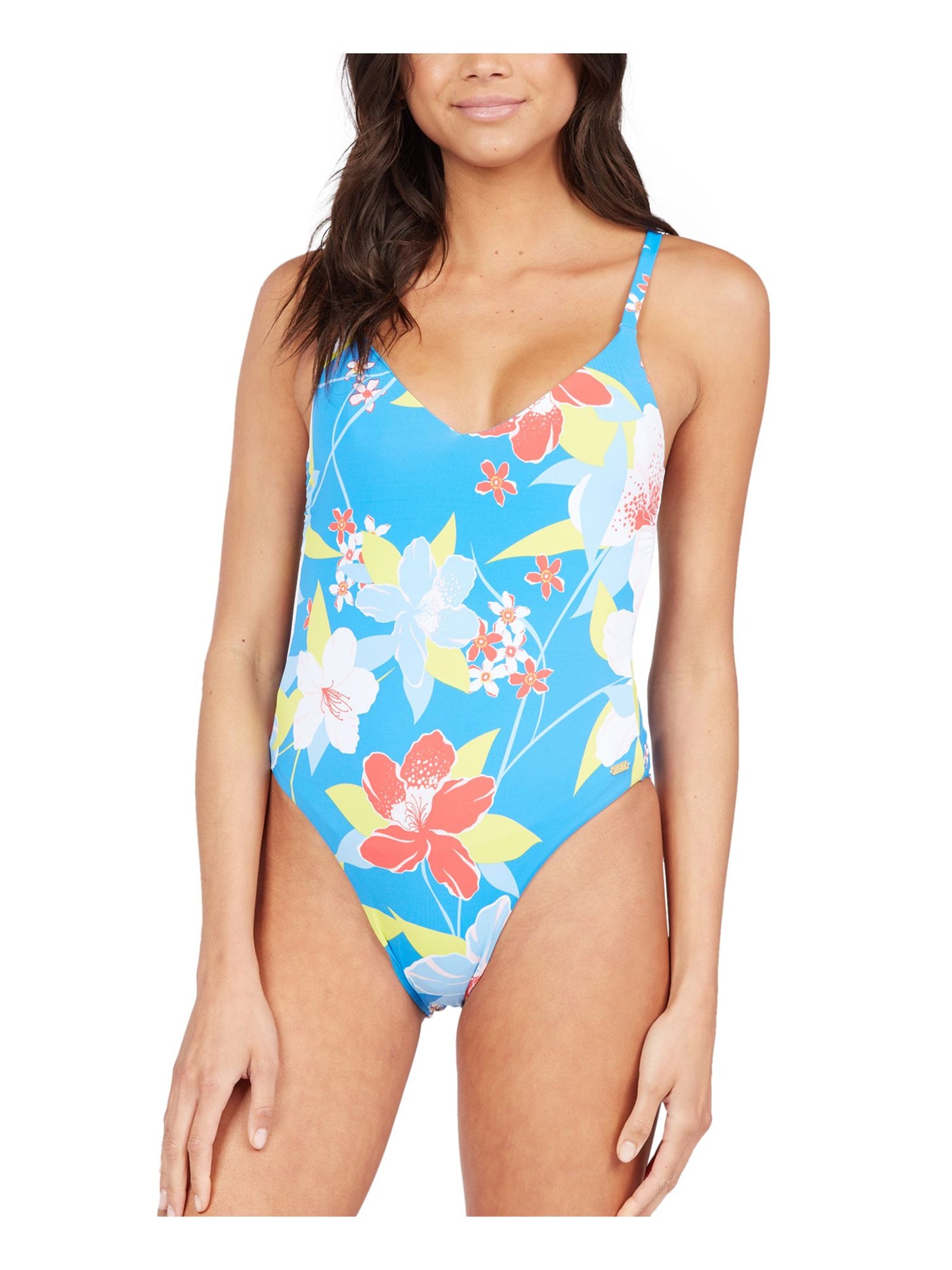 ROXY Women's Blue Floral Removable Cups Deep V Neck Tie She Just Shines One Piece Swimsuit S