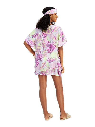 MIKEN Women's Purple Tropical Print Flutter Sleeves Deep V Neck Tie Swimsuit Cover Up XS