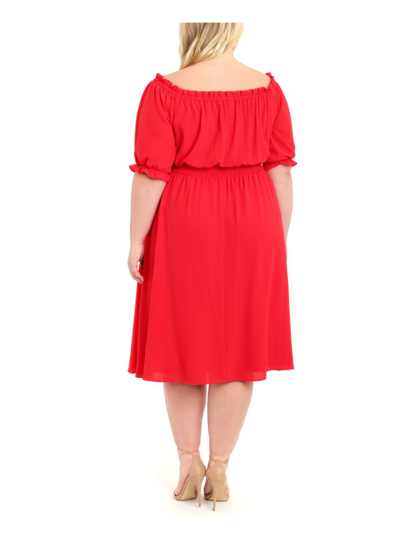 LONDON TIMES Womens Red Stretch Textured Pullover Styling Elastic Waist Elbow Sleeve Off Shoulder Midi Party Fit + Flare Dress Plus 2X