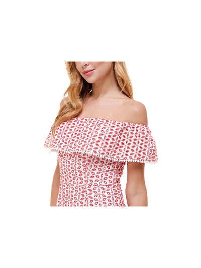 CITY STUDIO Womens White Eyelet Short Sleeve Off Shoulder Short Party Sheath Dress 7