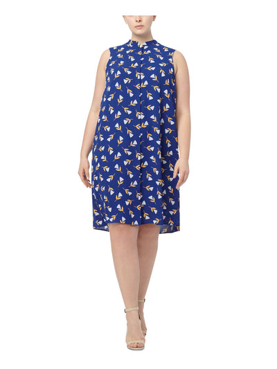 ANNE KLEIN Womens Blue Printed Sleeveless Mandarin Collar Above The Knee Party Shift Dress Plus 2X