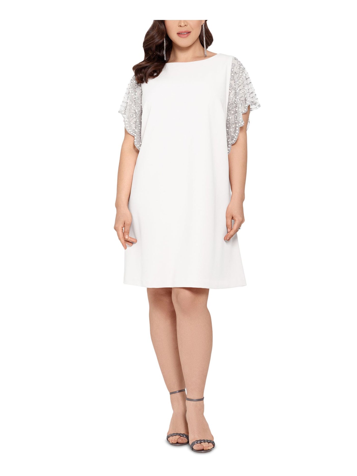 XSCAPE Womens White Stretch Darted Fitted Beaded-sleeve Scuba Crepe Short Sleeve Crew Neck Above The Knee Formal Shift Dress Plus 18W