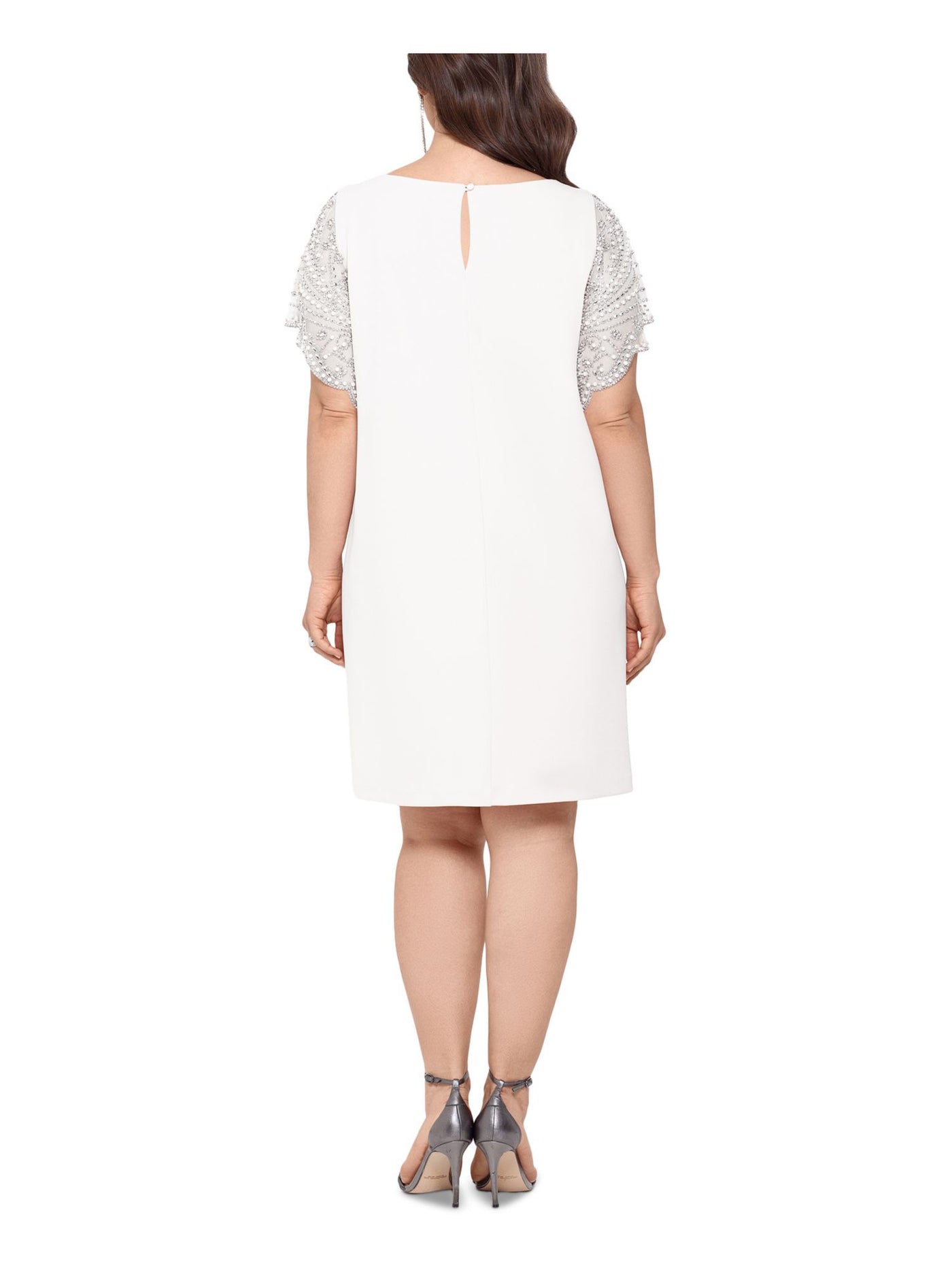 XSCAPE Womens White Stretch Darted Fitted Beaded-sleeve Scuba Crepe Short Sleeve Crew Neck Above The Knee Formal Shift Dress Plus 18W