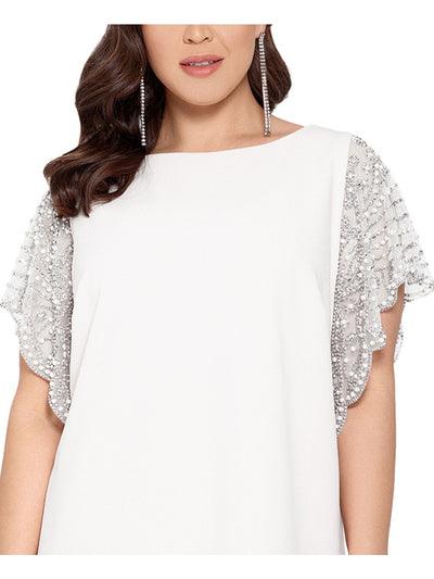 XSCAPE Womens White Stretch Darted Fitted Beaded-sleeve Scuba Crepe Short Sleeve Crew Neck Above The Knee Formal Shift Dress 16W