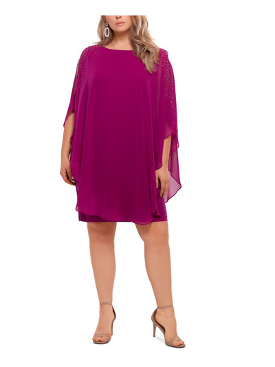 XSCAPE Womens Pink Stretch Cold Shoulder Chiffon Overlay Elbow Sleeve Boat Neck Above The Knee Evening Shift Dress Plus 22W