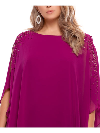 X BY XSCAPE Womens Purple Stretch Cold Shoulder Chiffon Overlay Elbow Sleeve Boat Neck Above The Knee Evening Shift Dress Plus 18W