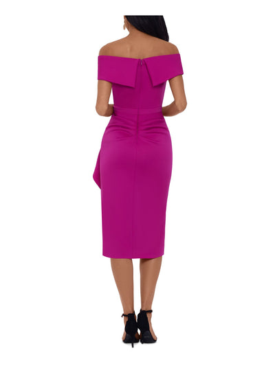 XSCAPE Womens Purple Zippered Scuba Waterfall-ruffle Short Sleeve Off Shoulder Midi Evening Sheath Dress 4