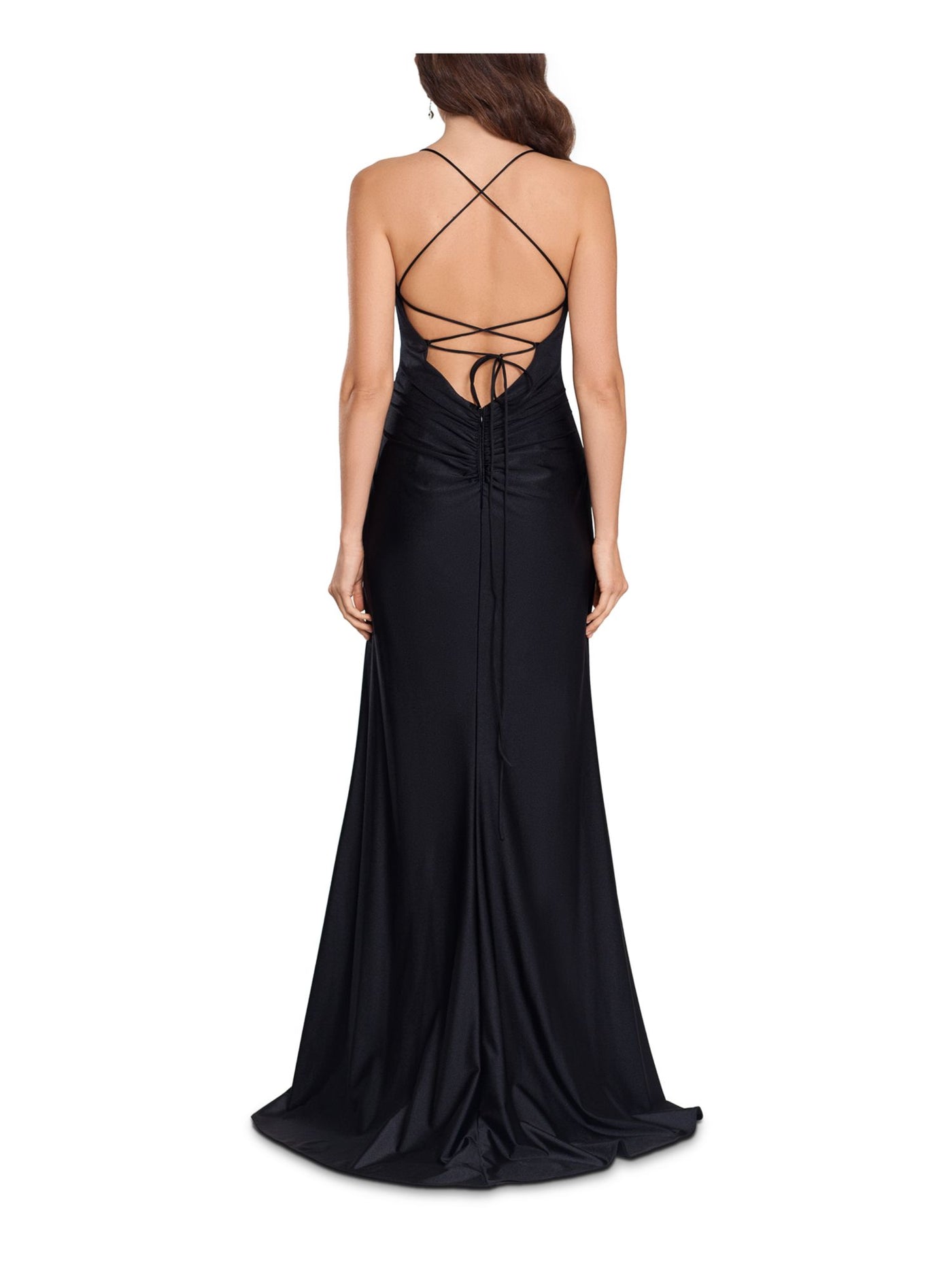 XSCAPE Womens Black Ruched Zippered Padded Gathered Lace Up Back Spaghetti Strap V Neck Full-Length Formal Gown Dress 4