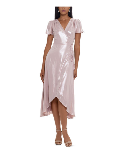 XSCAPE Womens Pink Tie Shine Flutter Sleeve Surplice Neckline Midi Evening Wrap Dress 10