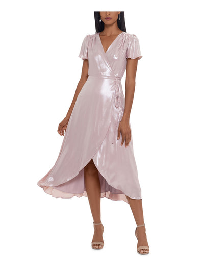 XSCAPE Womens Pink Tie Shine Flutter Sleeve Surplice Neckline Midi Evening Wrap Dress 4