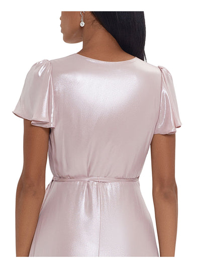 XSCAPE Womens Pink Tie Shine Flutter Sleeve Surplice Neckline Midi Evening Wrap Dress 8